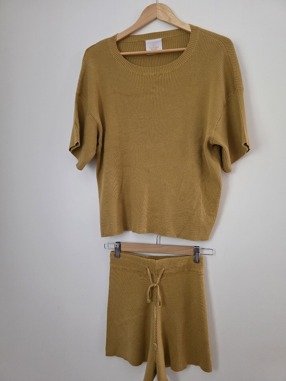 The Lullaby Club Ribbed Knit Short Sleeve Top & Drawstring Shorts - Mustard